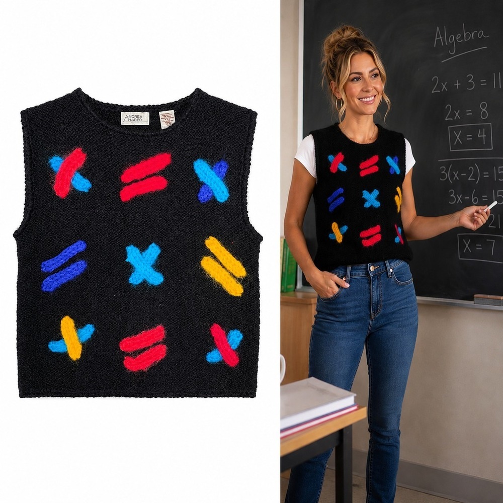 Andrea Harber Vintage Wool Sweater Vest M Teacher Math Academic Kidcore Artsy
